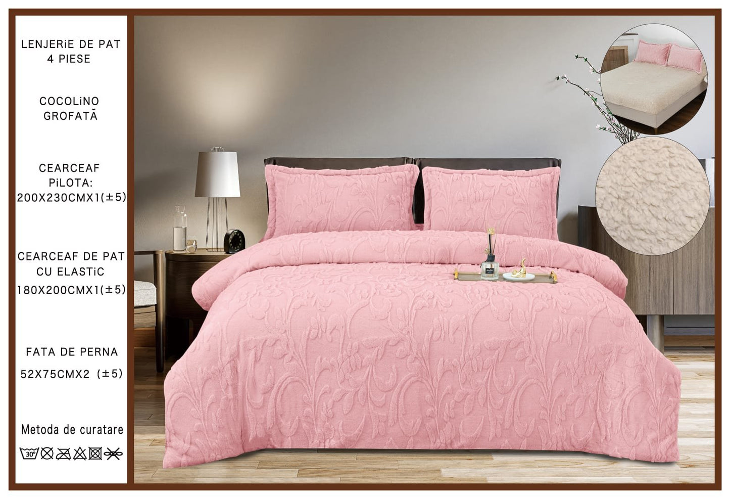 Lenjerie Cocolino Grofata, cu Blanita, 4 Piese, Cearceaf pat cu Elastic, Roz-A7094