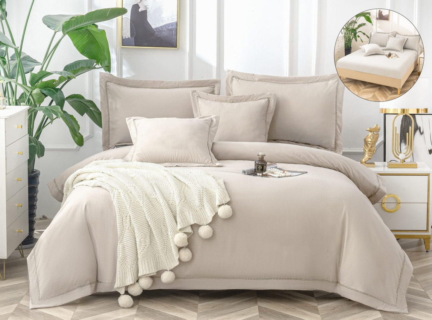 Lenjerie Pat Dublu cu Elastic din Bumbac Neted, cu 6 Piese, Bej Uni-A6511