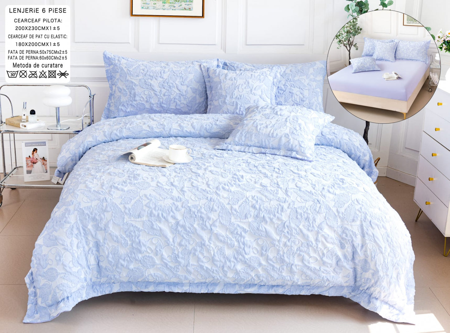 Lenjerie Pat Dublu cu Elastic din Bumbac Fin Grofat, cu 6 Piese, Bleu-A6557