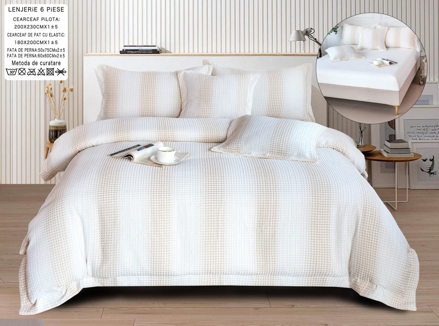 Lenjerie Pat Dublu cu Elastic din Bumbac Fin Grofat, cu 6 Piese, Alb/Bej-A6563