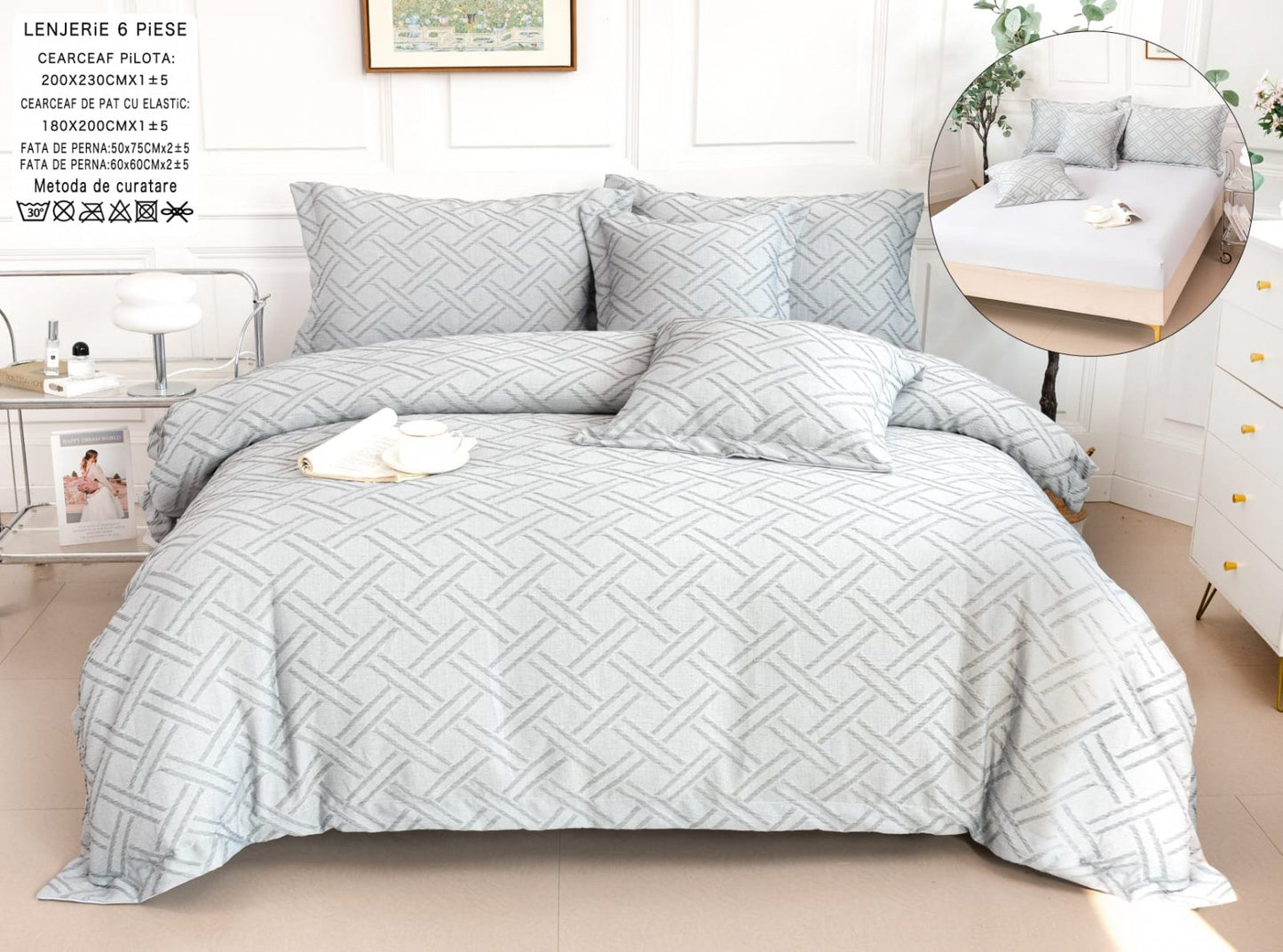 Lenjerie Pat Dublu cu Elastic din Bumbac Fin Grofat, cu 6 Piese, Gri-A6561