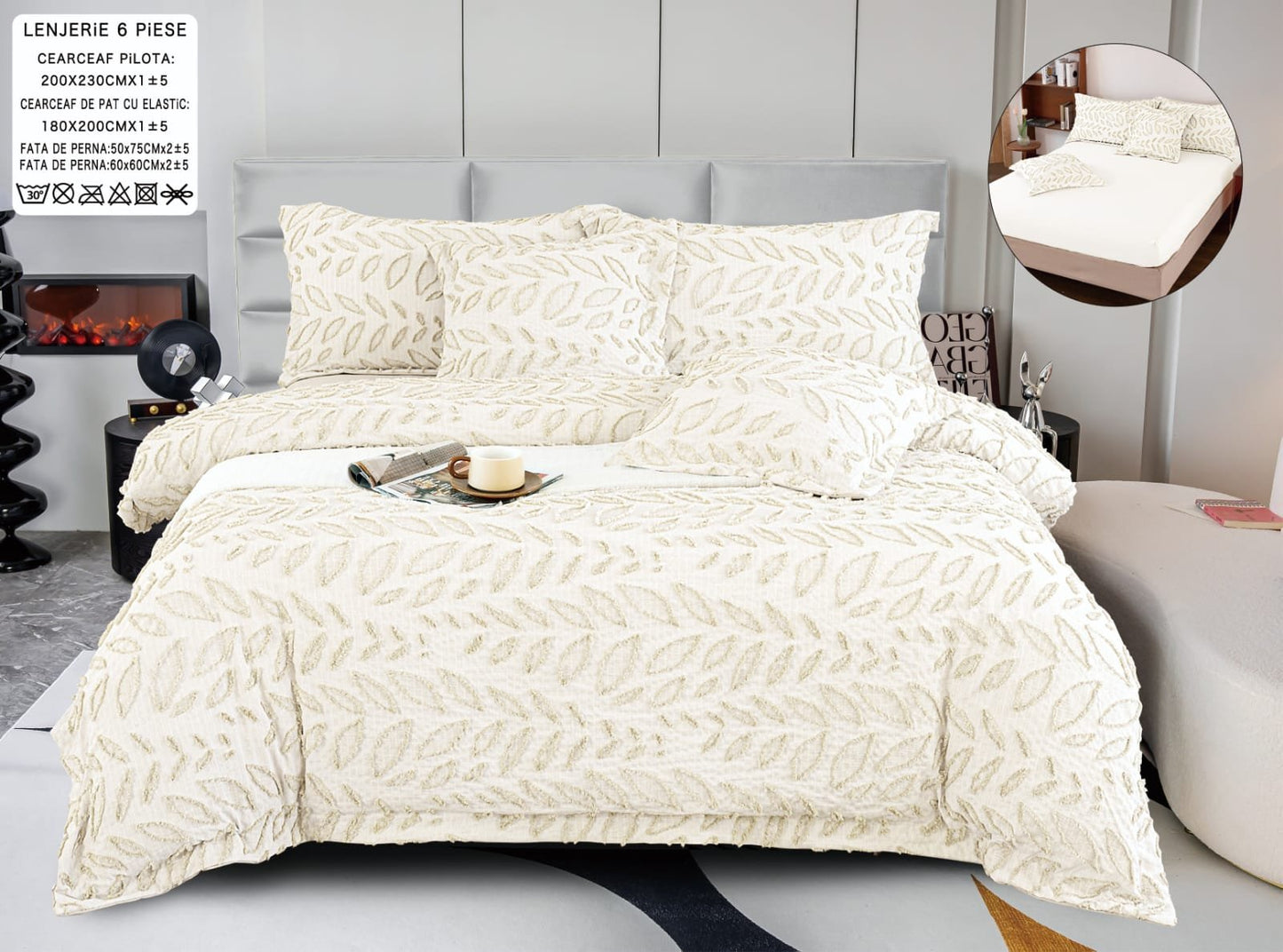 Lenjerie Pat Dublu cu Elastic din Bumbac Fin Grofat, cu 6 Piese, Crem-A6564