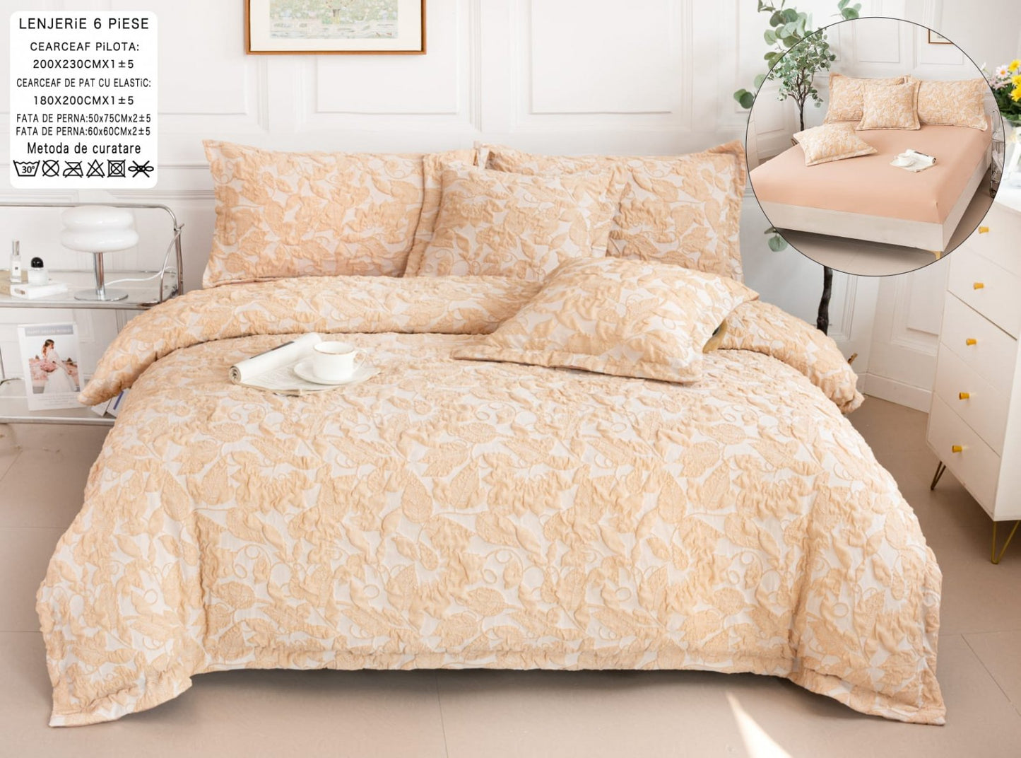 Lenjerie Pat Dublu cu Elastic din Bumbac Fin Grofat, cu 6 Piese, Orange-A6567