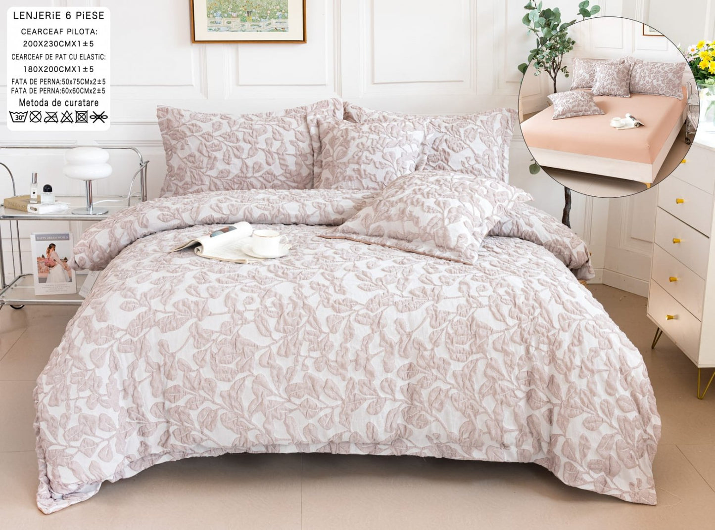 Lenjerie Pat Dublu cu Elastic din Bumbac Fin Grofat, cu 6 Piese, Alb/Bej-A6562