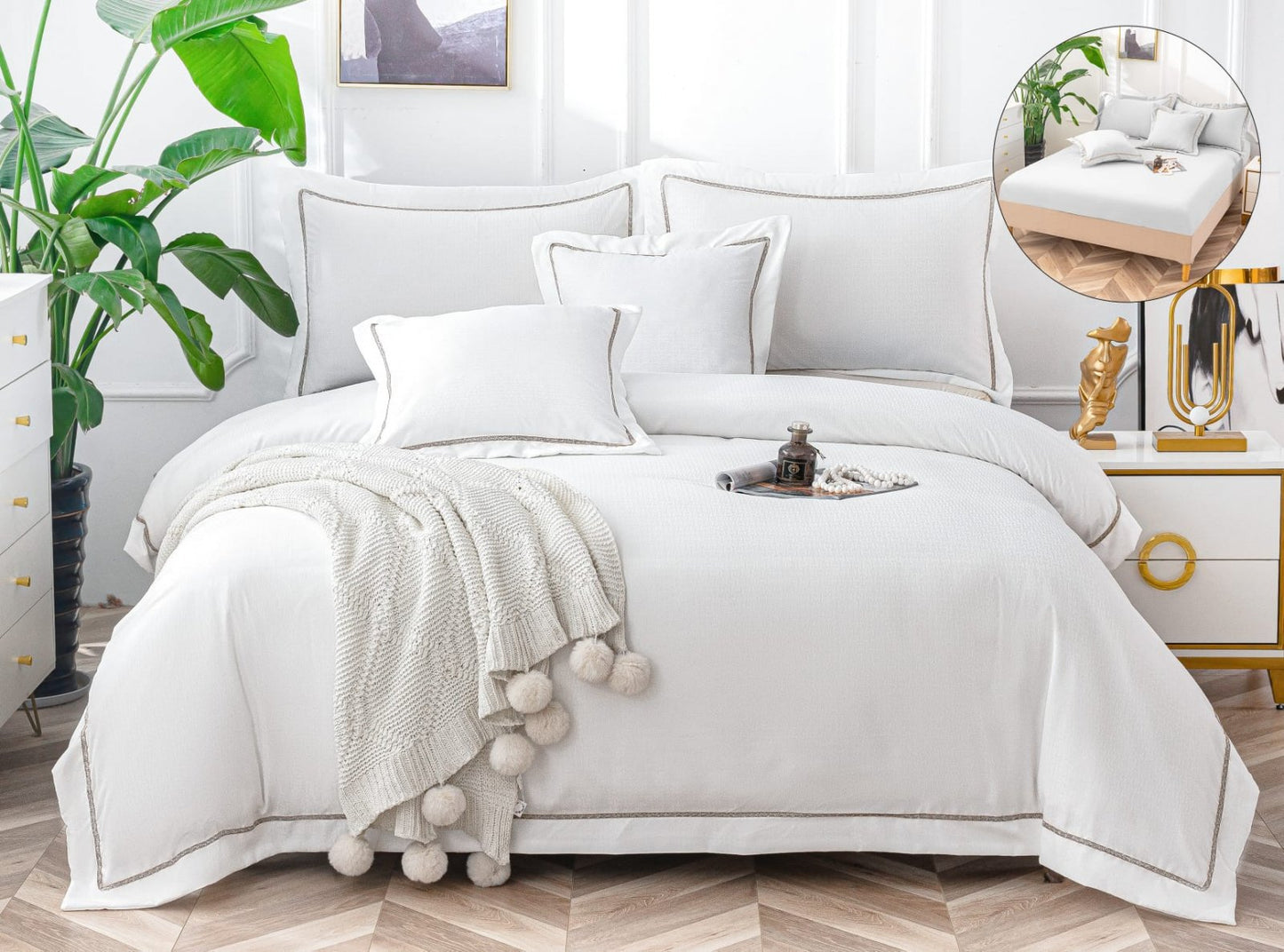 Lenjerie Pat Dublu cu Elastic din Bumbac Neted, cu 6 Piese, Alb Uni-A6514