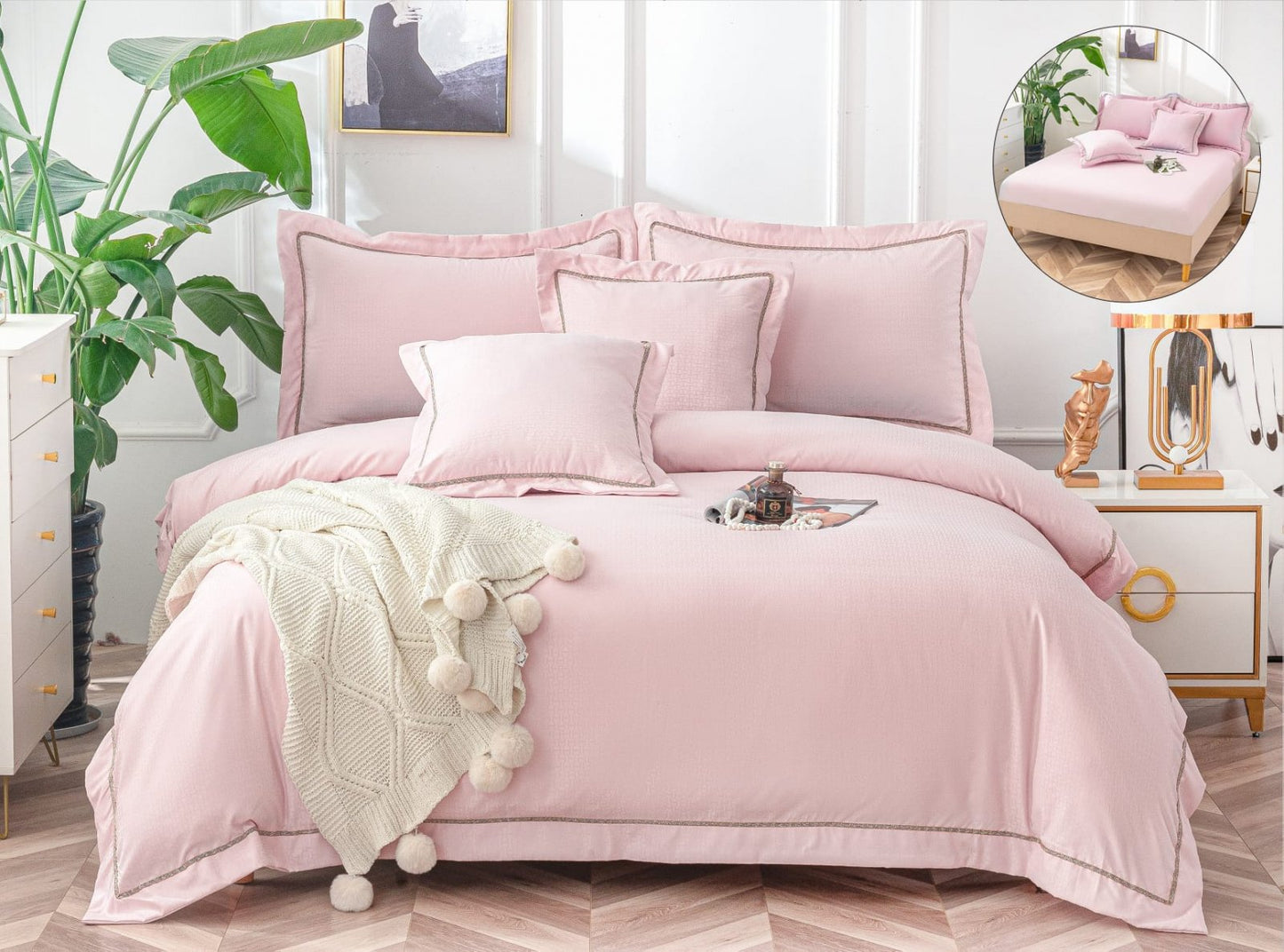 Lenjerie Pat Dublu cu Elastic din Bumbac Neted, cu 6 Piese, Roz Uni-A6516