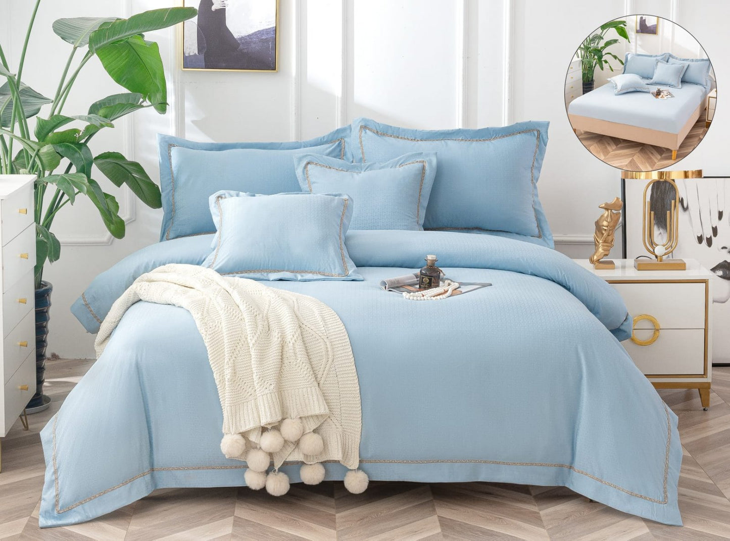 Lenjerie Pat Dublu cu Elastic din Bumbac Neted, cu 6 Piese, Bleu Uni-A6513