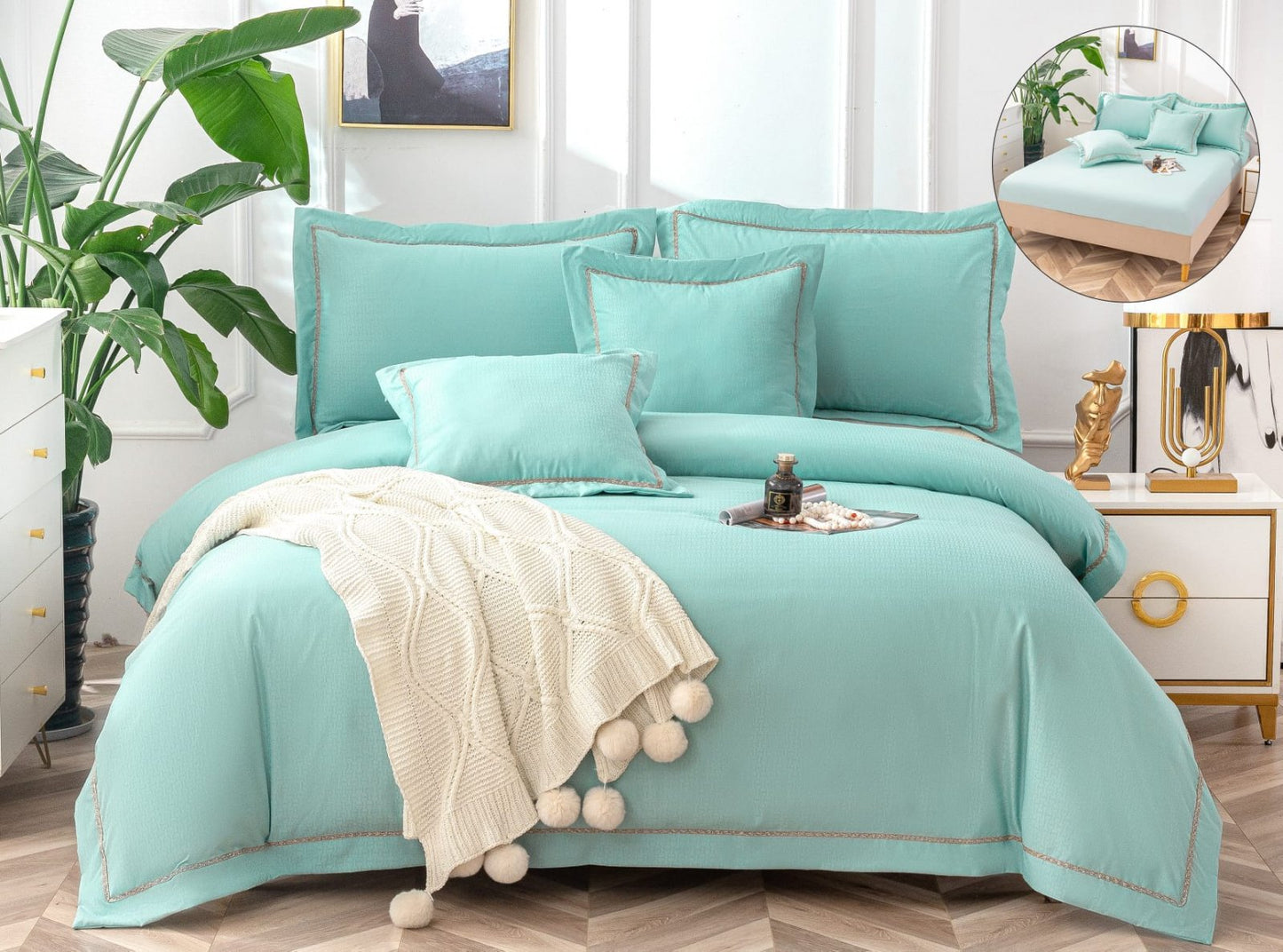 Lenjerie Pat Dublu cu Elastic din Bumbac Neted, cu 6 Piese, Vernil Uni-A6515