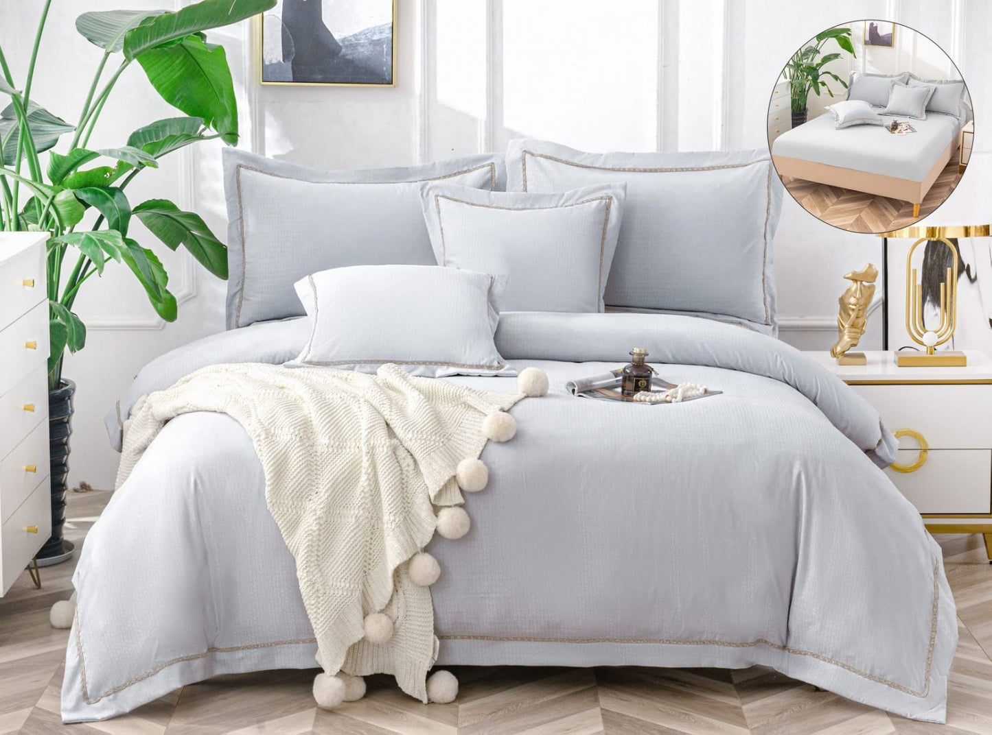 Lenjerie Pat Dublu cu Elastic din Bumbac Neted, cu 6 Piese, Gri Uni-A6512