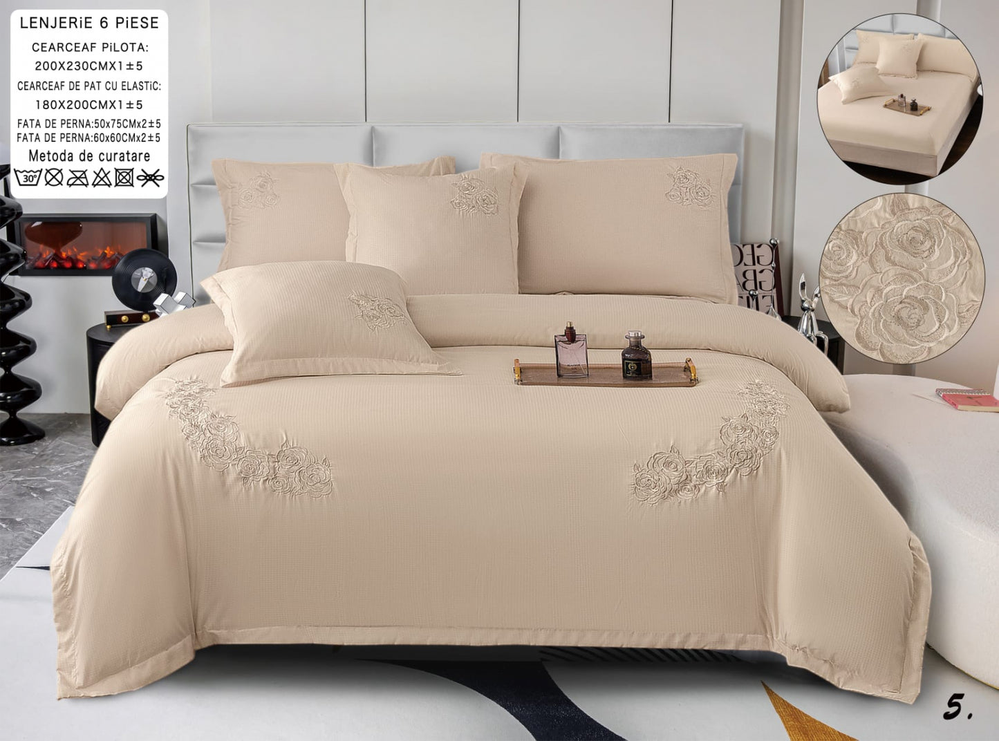 Lenjerie Pat Dublu cu Elastic din Bumbac Neted cu Broderie, 6 Piese, Bej Deschis-A8223