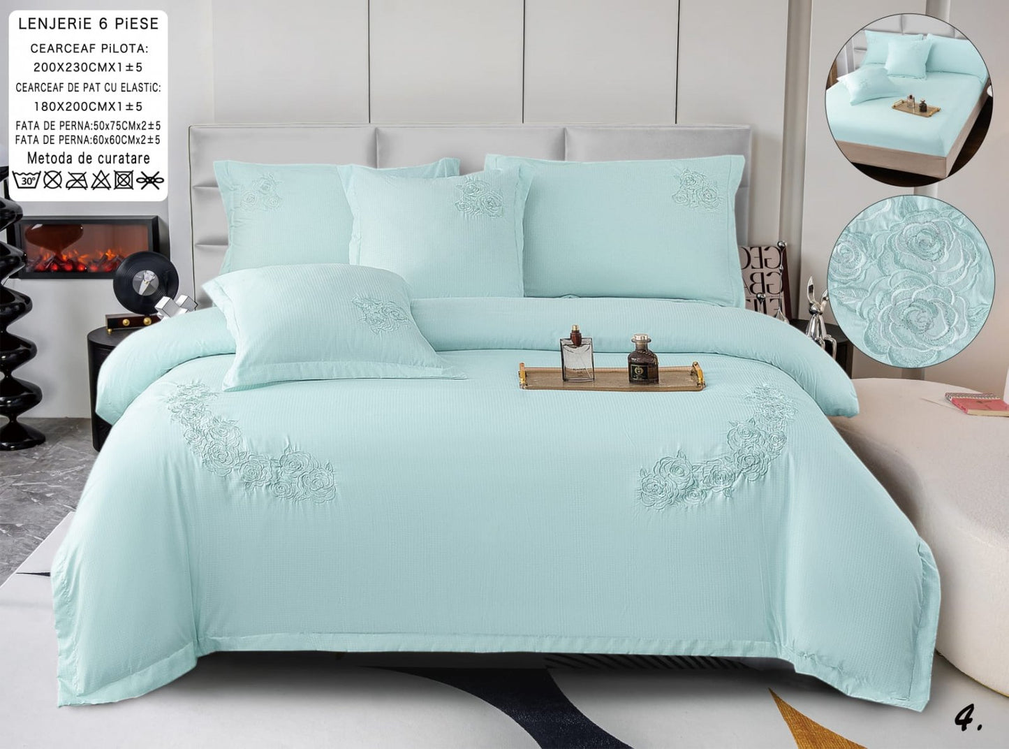 Lenjerie Pat Dublu cu Elastic din Bumbac Neted cu Broderie, 6 Piese, Bleu-A8221