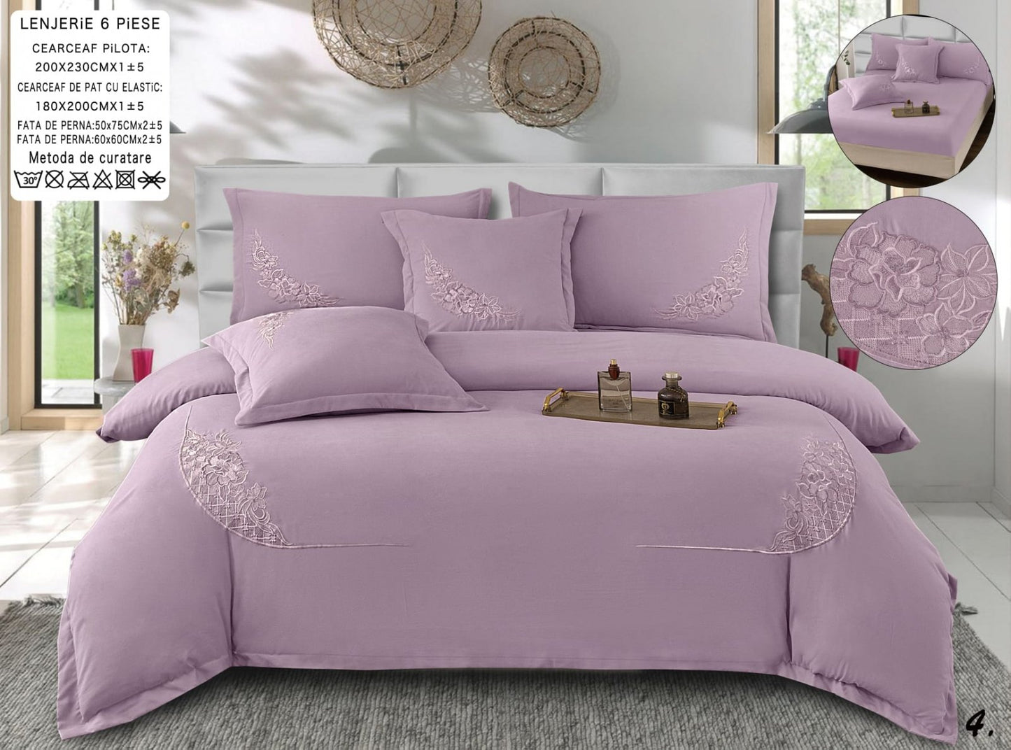 Lenjerie Pat Dublu cu Elastic din Bumbac Neted cu Broderie, 6 Piese, Mov-A8220