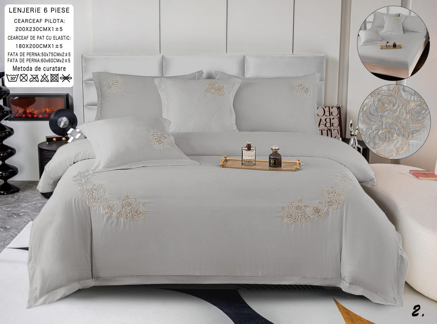 Lenjerie Pat Dublu cu Elastic din Bumbac Neted cu Broderie, 6 Piese, Gri Deschis-A8218