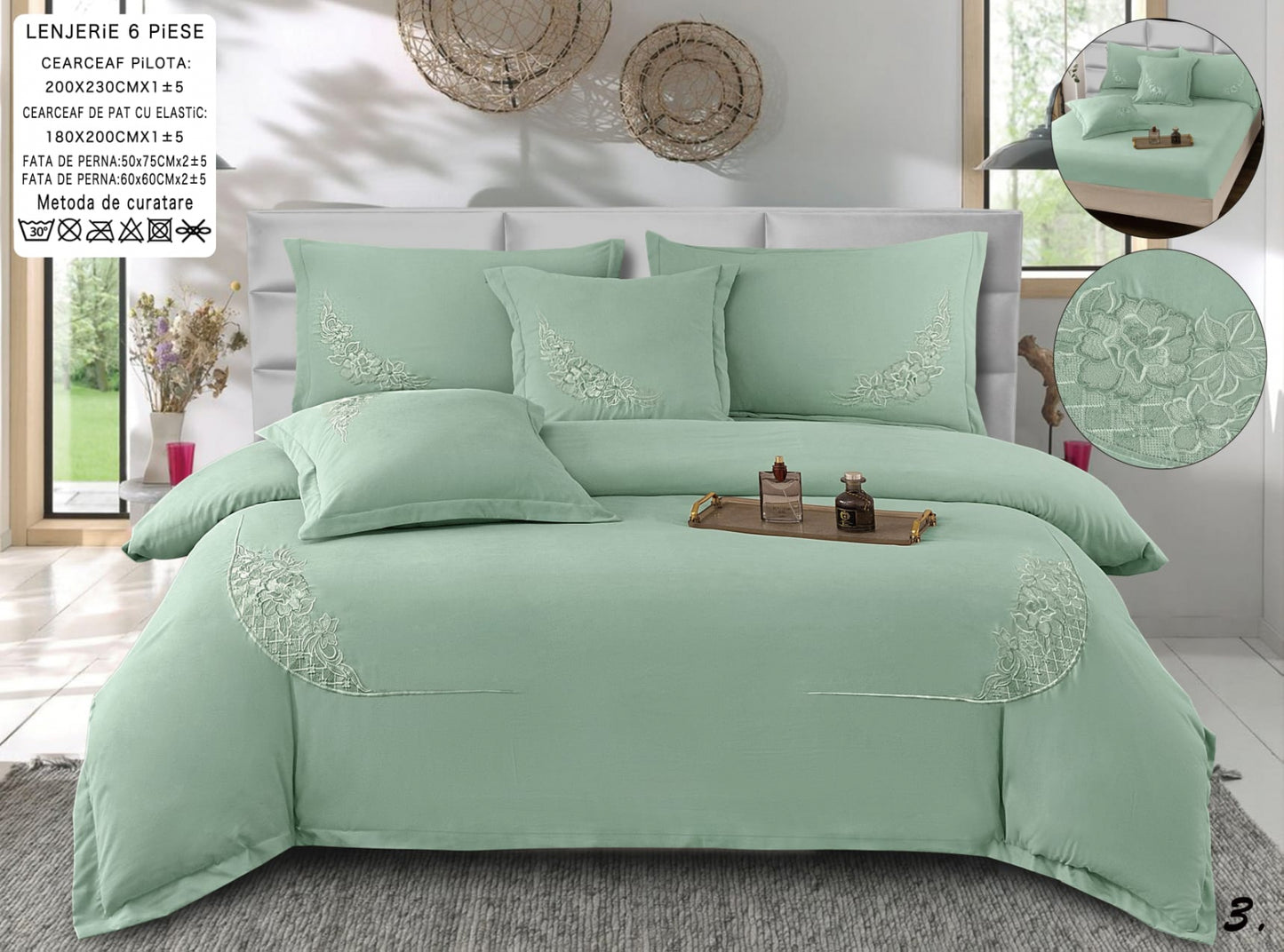 Lenjerie Pat Dublu cu Elastic din Bumbac Neted cu Broderie, 6 Piese, Verde-A8219