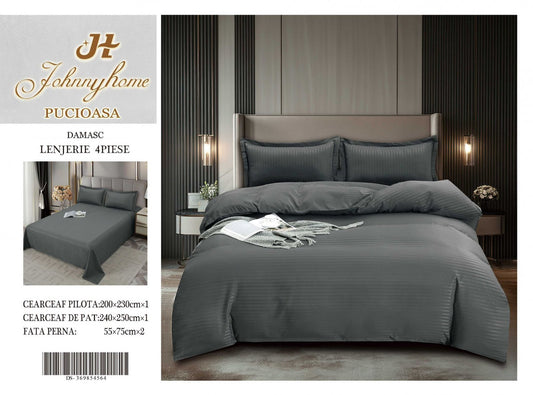 Lenjerie Pat Dublu din Bumbac Damasc, 4 Piese, Gri Inchis-H8258
