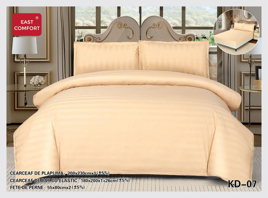 Lenjerie Pat Dublu din Bumbac Damasc, 4 Piese cu Elastic, Model Dungat, Crem-D7719