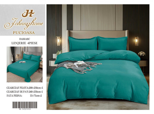 Lenjerie Pat Dublu din Bumbac Damasc, 4 Piese, Turcoaz-H8268