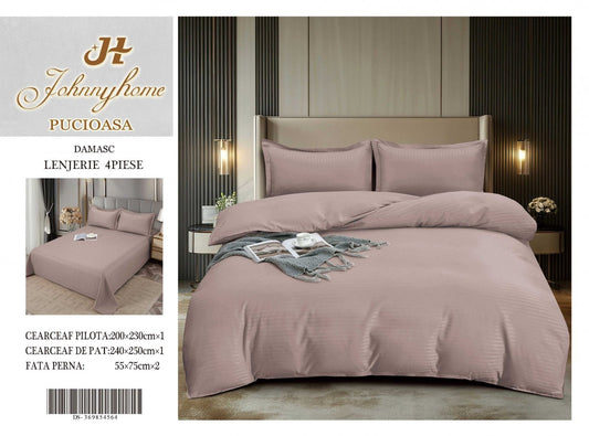 Lenjerie Pat Dublu din Bumbac Damasc, 4 Piese, Roz Prafuit-H8264
