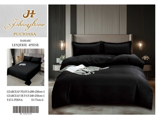 Lenjerie Pat Dublu din Bumbac Damasc, 4 Piese, Negru-H8267
