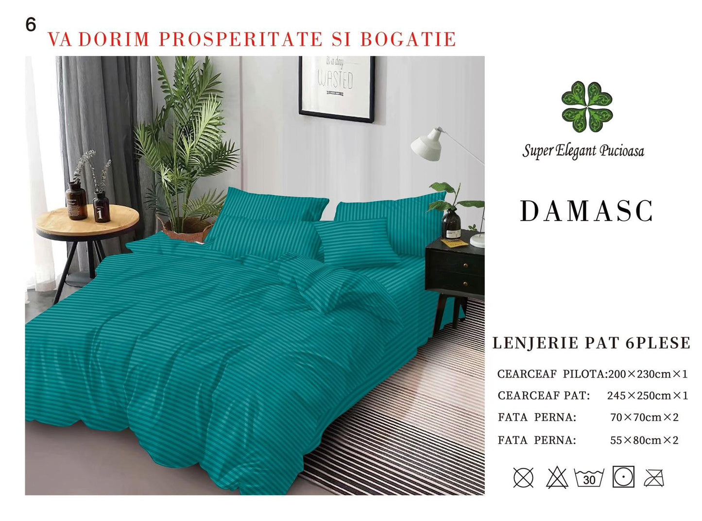 Lenjerie Pat Dublu din Bumbac Damasc, cu 6 Piese, Turcoaz-SEP7027