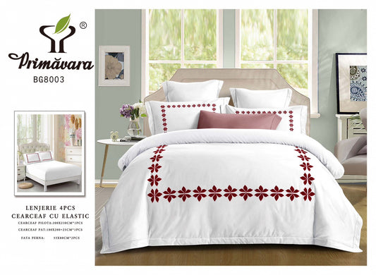 Lenjerie Pat Dublu din Finet, 4 Piese, cu Elastic, Model Elegant cu Flori, Alb-P8077