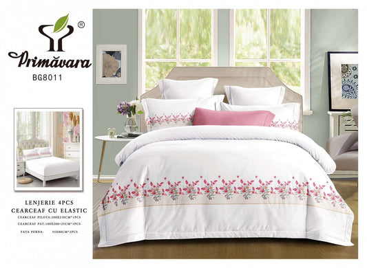 Lenjerie Pat Dublu din Finet, 4 Piese, cu Elastic, Model Elegant cu Flori, Alb-P8084