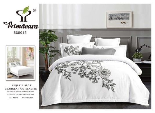 Lenjerie Pat Dublu din Finet, 4 Piese, cu Elastic, Model Elegant cu Flori, Alb-P8088
