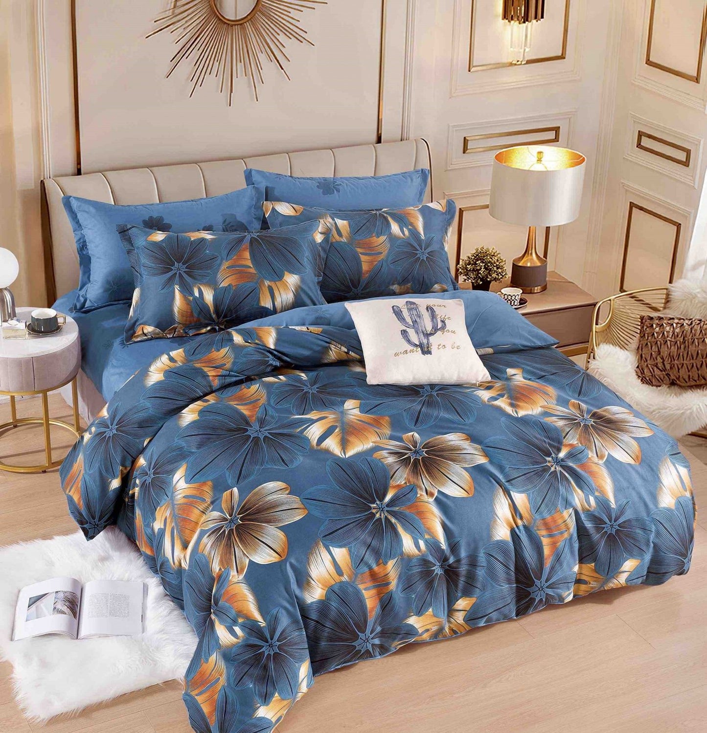 Lenjerie Pat Dublu din Finet, 6 Piese, cu Elastic, Albastru/Flori-C6540