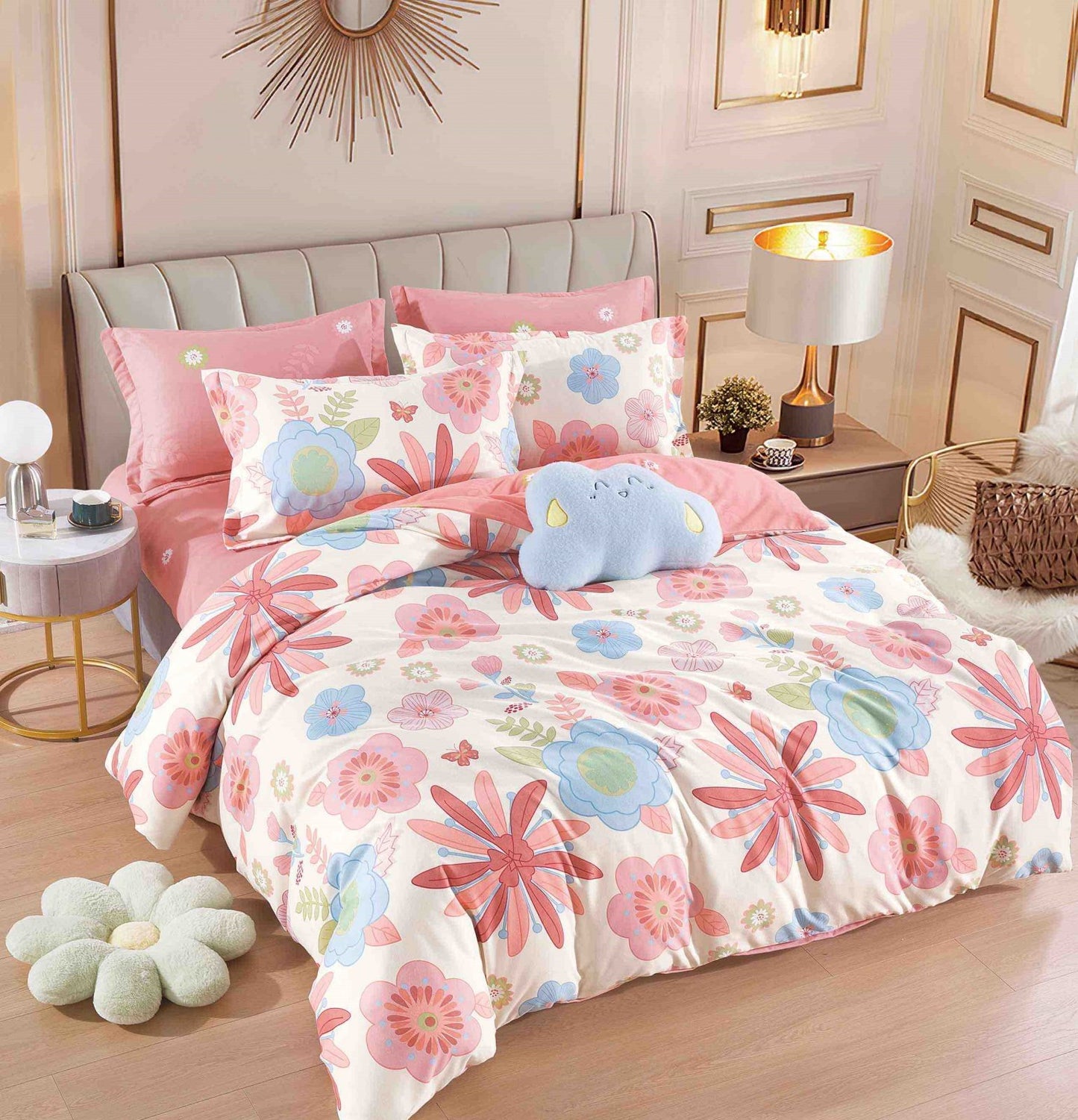 Lenjerie Pat Dublu din Finet, 6 Piese, Crem/Flori-C6528