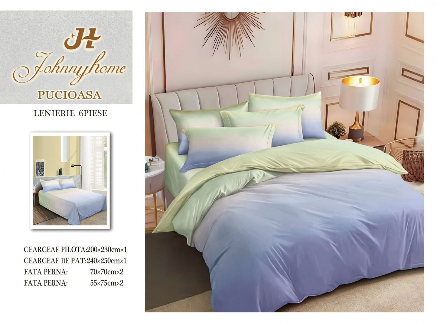 Lenjerie Pat Dublu din Finet, 6 Piese, Lila/Vernil Degrade-H7557