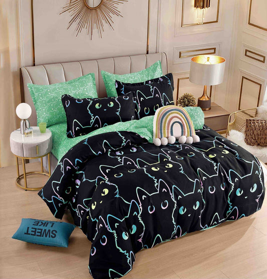 Lenjerie Pat Dublu din Finet, 6 Piese, Verde/Negru/Pisicute-C6417