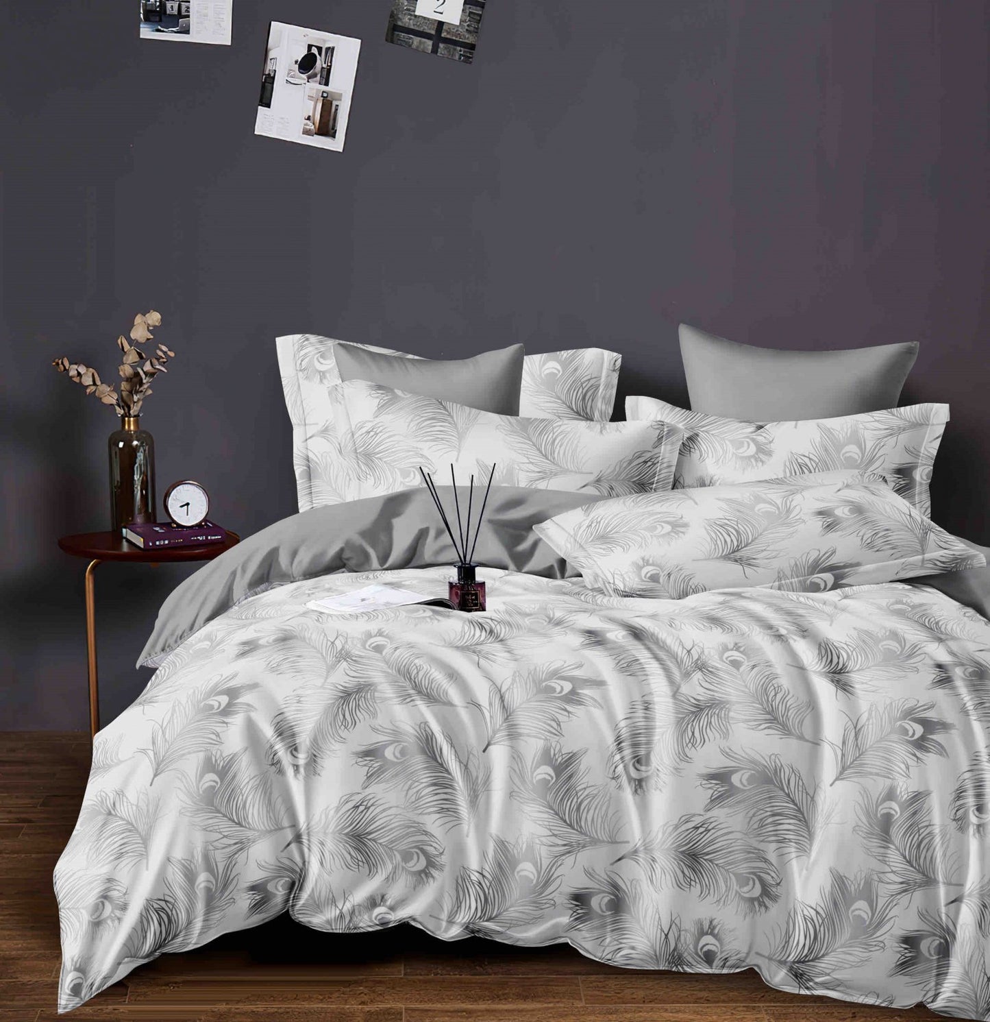 Lenjerie Pat Dublu din Finet, 6 Piese, Gri/Pene-C7105