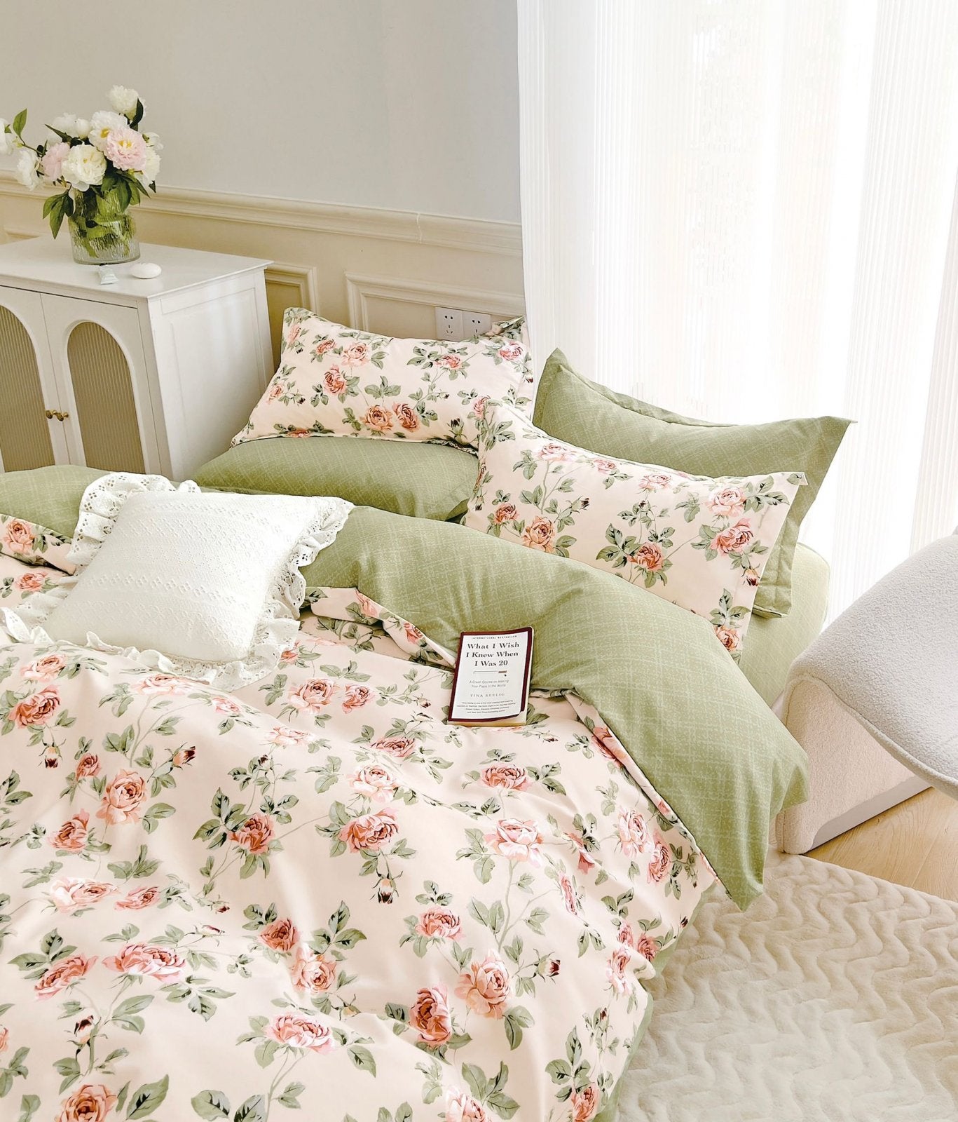 Lenjerie Pat Dublu din Finet, 6 Piese, Crem/Verde/Flori-C7893