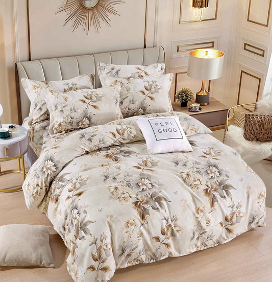 Lenjerie Pat Dublu din Finet, 6 Piese, Crem/Flori-C7895