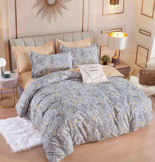 Lenjerie Pat Dublu din Finet, 6 Piese, Gri/Portocaliu-C6415