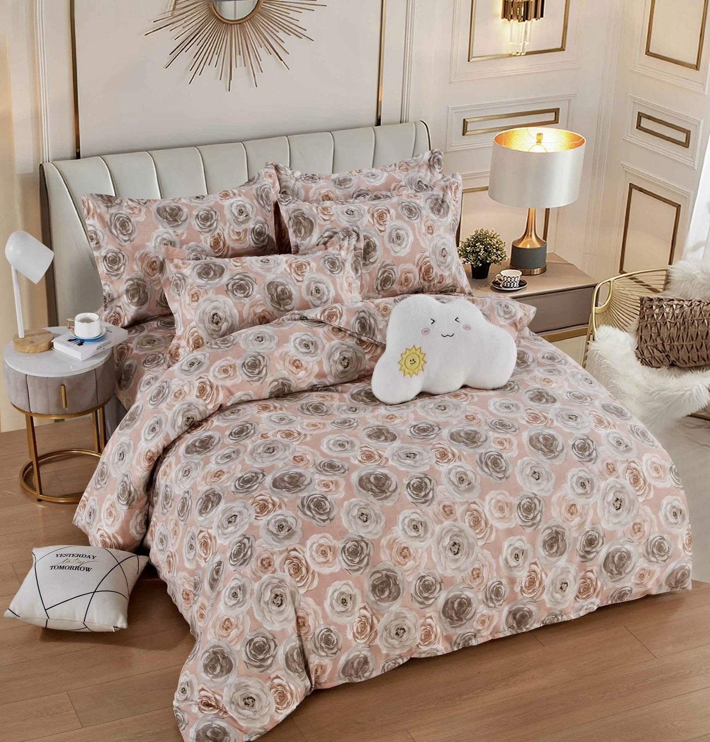 Lenjerie Pat Dublu din Finet, 6 Piese, Roz/Flori-C7897