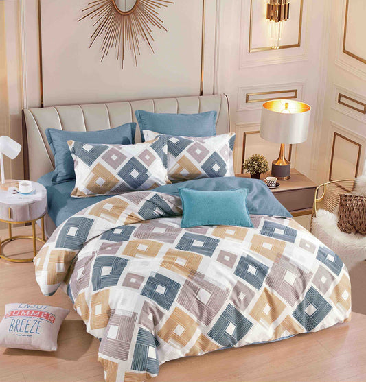 Lenjerie Pat Dublu din Finet, 6 Piese, cu Elastic, Romburi-C7960