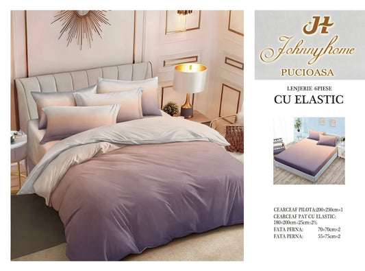 Lenjerie Pat Dublu din Finet, 6 Piese, cu Elastic, Mov/Bej Degrade-H7563
