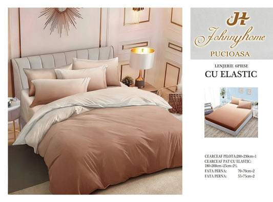 Lenjerie Pat Dublu din Finet, 6 Piese, cu Elastic, Bej Degrade-H7561