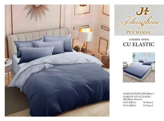 Lenjerie Pat Dublu din Finet, 6 Piese, cu Elastic, Bleumarin Degrade-H7565