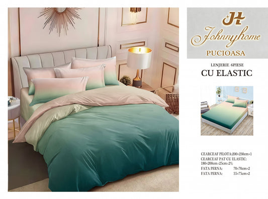 Lenjerie Pat Dublu din Finet, 6 Piese, cu Elastic, Vernil Degrade-H7562