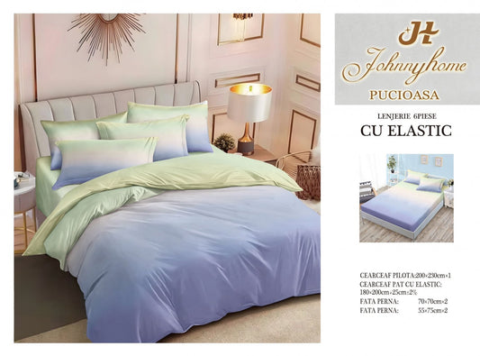 Lenjerie Pat Dublu din Finet, 6 Piese, cu Elastic, Lila/Vernil Degrade-H7566
