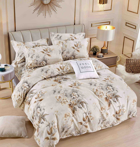 Lenjerie Pat Dublu din Finet, 6 Piese, cu Elastic, Crem/Flori-C7956