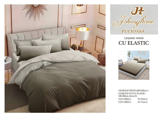 Lenjerie Pat Dublu din Finet, 6 Piese, cu Elastic, Kaki Degrade-H7569