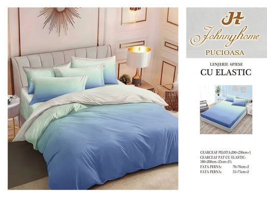 Lenjerie Pat Dublu din Finet, 6 Piese, cu Elastic, Albastru/Vernil Degrade-H7567