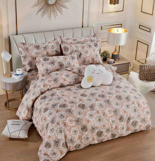 Lenjerie Pat Dublu din Finet, 6 Piese, cu Elastic, Roz/Flori-C7961