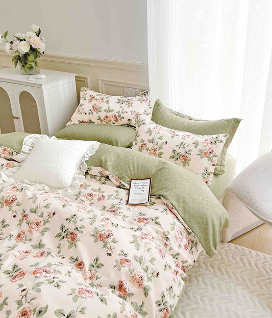 Lenjerie Pat Dublu din Finet, 6 Piese, cu Elastic, Crem/Verde/Flori-C7964