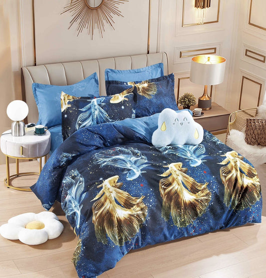 Lenjerie Pat Dublu din Finet, 6 Piese, Bleumarin/Pestisori-C6746