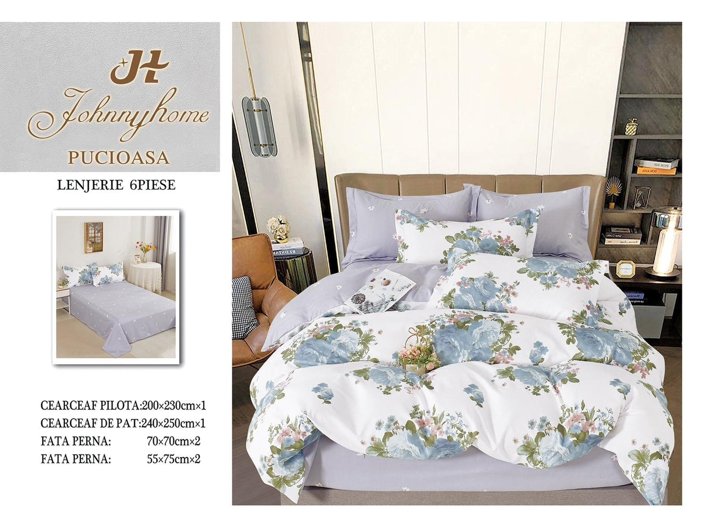 Lenjerie Pat Dublu din Finet, 6 Piese, Floricele-H7662