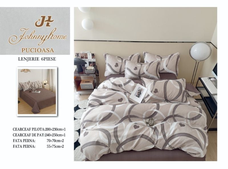 Lenjerie Pat Dublu din Finet, 6 Piese, Panglici/Inimioare-H7670